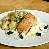 Stekt laks og fennikel servert med potet- og blomkålpuré og pepperotsaus
