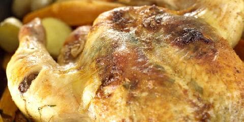 Helstekt kylling med søtpotet og vanlige poteter