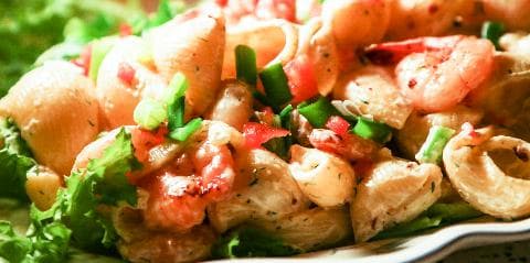 Pastasalat med scampi og kamskjell
